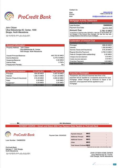 Download North Macedonia ProCredit Bank mortgage statement Word and PDF template Photoshop template